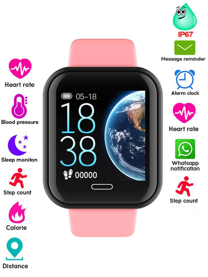 Fashionable Black Case, Pink Plastic Strap Smart Watch