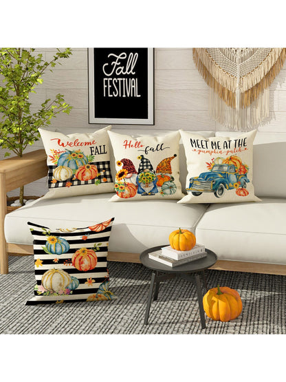 1PC Pumpkin Gnome Truck Stripe Black and White Throw Pillow Cover Thanksgiving Fall Farmhouse Rustic and Cute Linen Throw Pillow Cover 45 45cm 18 18 Autumn Thanksgiving Decorative Cushion Cover for Home Party Living Room Bedroom Outdoor Sofa