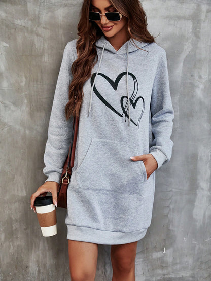 LUNE Heart Print Kangaroo Pocket Drawstring Hooded Dress