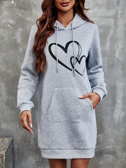 LUNE Heart Print Kangaroo Pocket Drawstring Hooded Dress