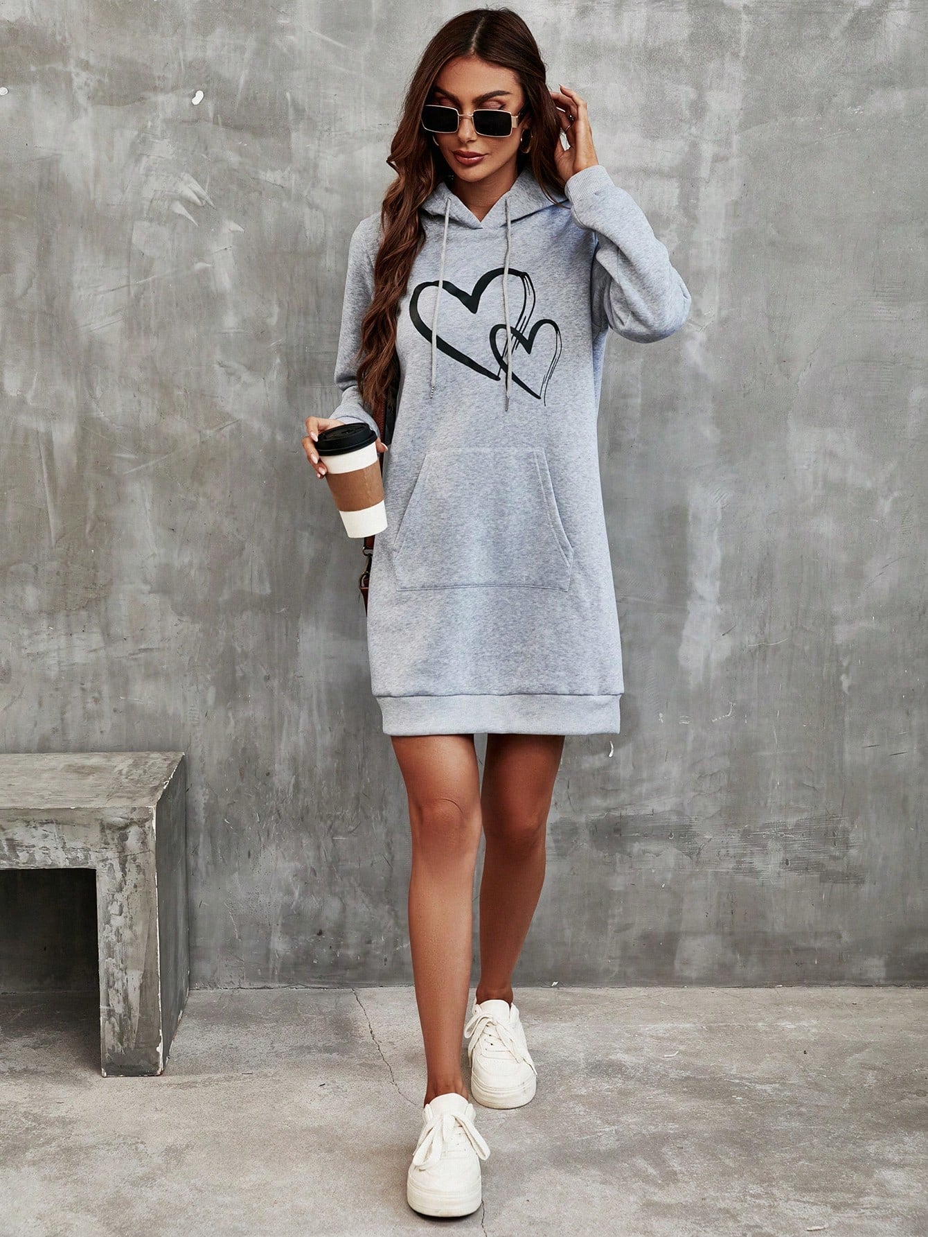 LUNE Heart Print Kangaroo Pocket Drawstring Hooded Dress