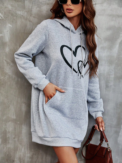 LUNE Heart Print Kangaroo Pocket Drawstring Hooded Dress