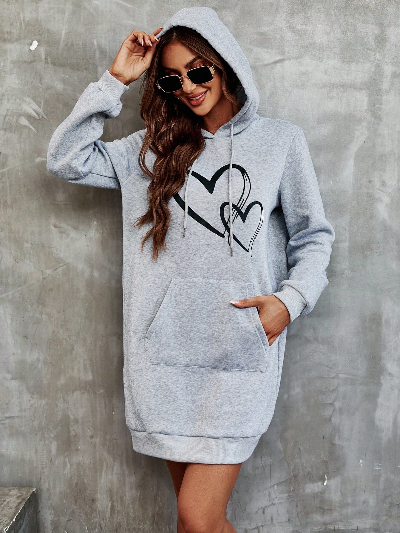 LUNE Heart Print Kangaroo Pocket Drawstring Hooded Dress