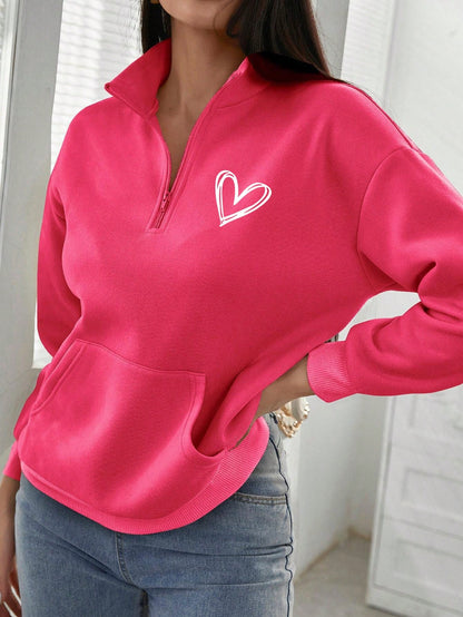 LUNE Heart Print Half Zip Drop Shoulder Sweatshirt