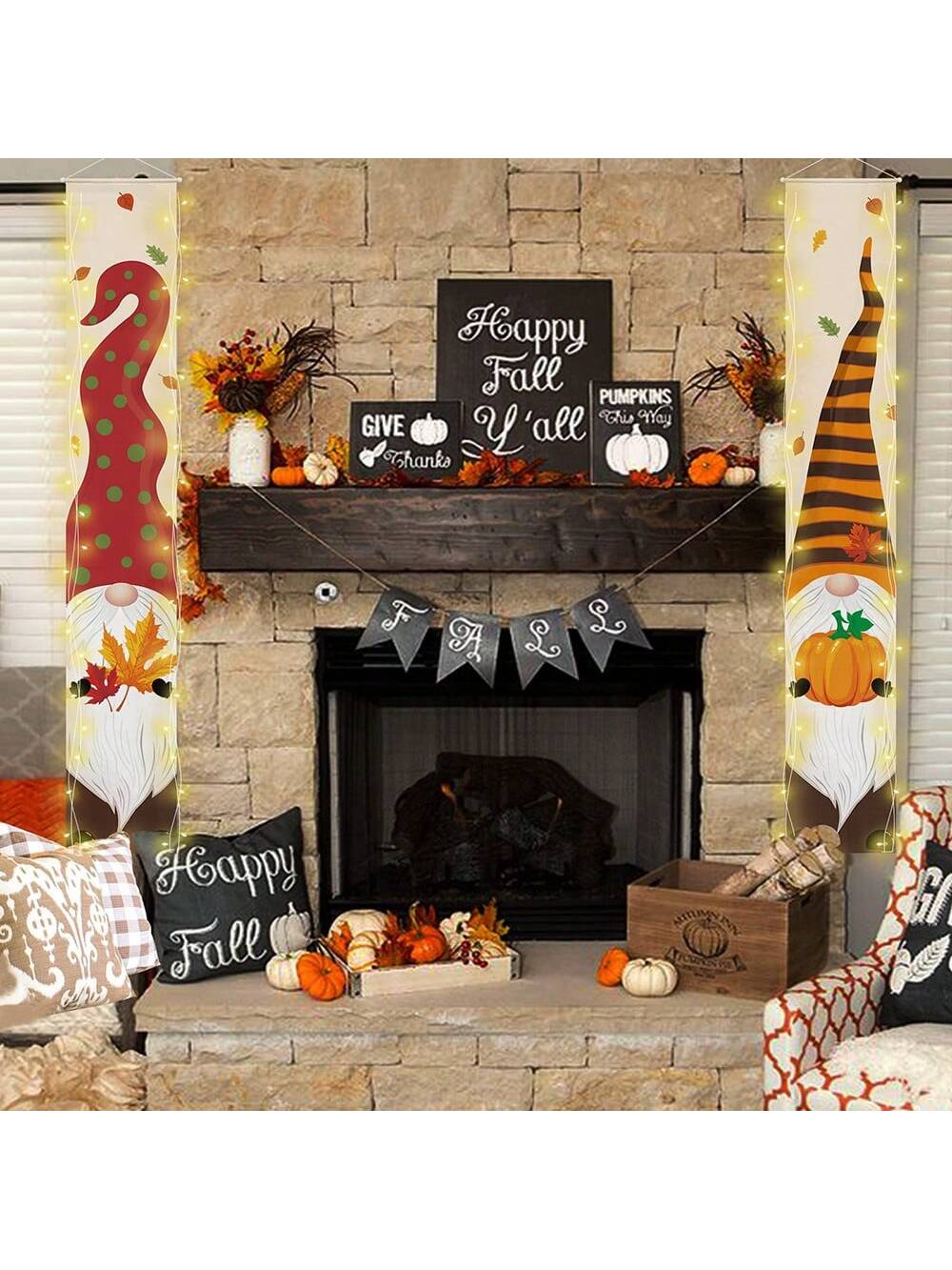 1 pair Autumn Gnome Porch Banner with String Light Fall Thanksgiving