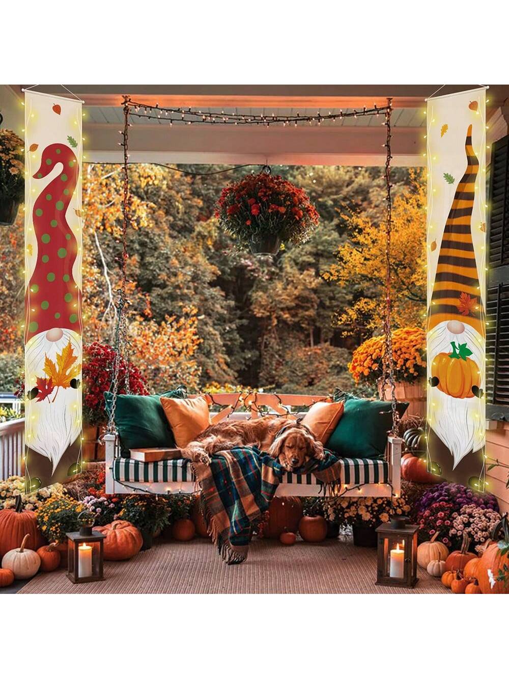 1 pair Autumn Gnome Porch Banner with String Light Fall Thanksgiving