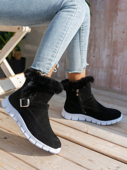 Buckle Decor Zipper Side Teddy Lined Shoes For Women, Winter Thermal Insulated Snow Boots