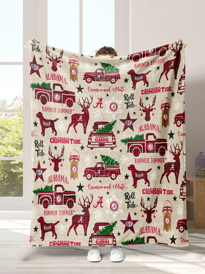 3d Flannel Digital Print Soft Skin-friendly Christmas Reindeer & Car Pattern Multi-functional Blanket