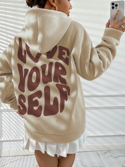 Qutie Slogan Graphic Drop Shoulder Drawstring Thermal Lined Hoodie