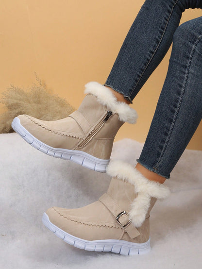 Buckle Decor Zipper Side Teddy Lined Shoes For Women, Winter Thermal Insulated Snow Boots