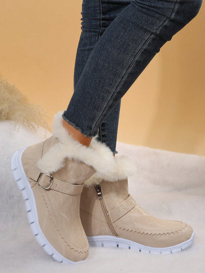 Buckle Decor Zipper Side Teddy Lined Shoes For Women, Winter Thermal Insulated Snow Boots