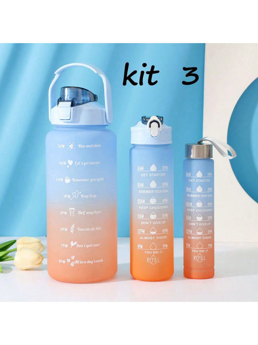 3pcs/set 2000ml/900ml/500ml Leak-proof Motivational Sports Water Bottle With Straw And Time Marker, Durable Gradient Color Plastic Flip Water Cup For Office, School, Gym And Workout