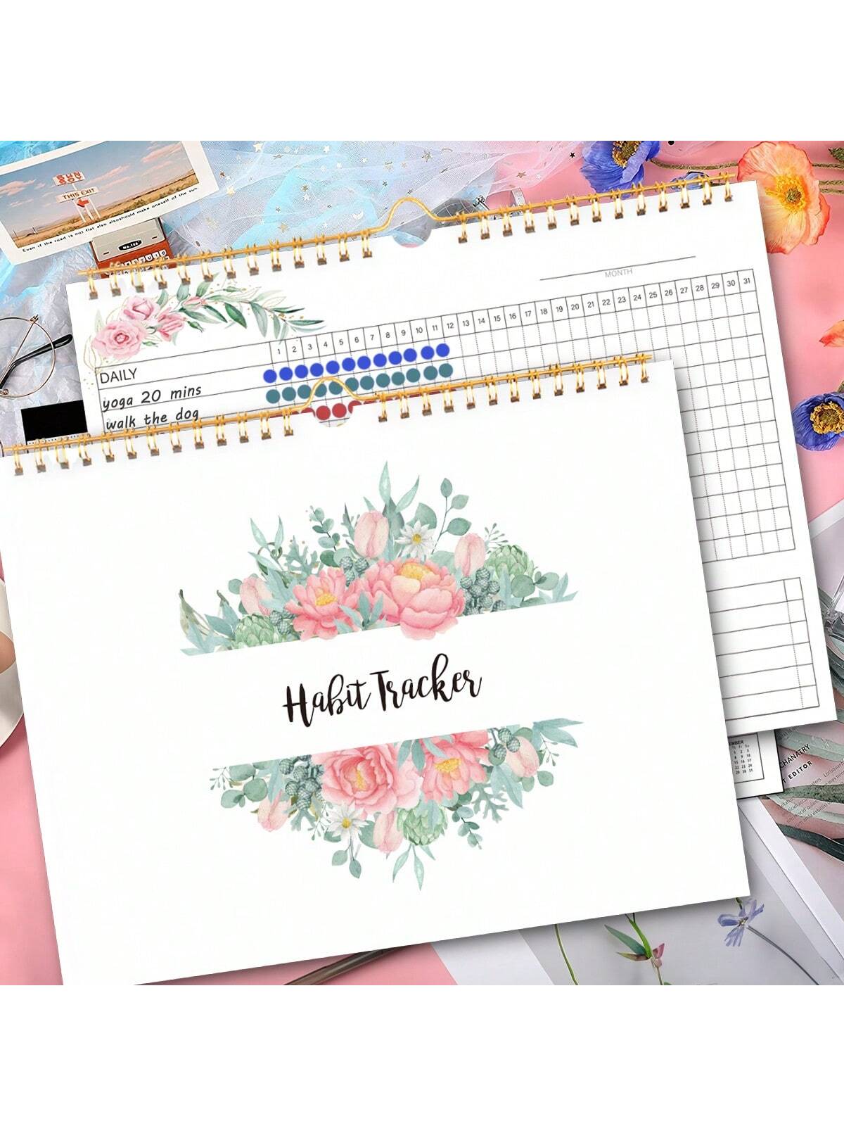 Habit Tracker Calendar Spiral Binding Habit Journal with 12 Different Plant Pages, Undated Daily Weekly Monthly Habit Tracker to Boost Productivity, 10*8 Inches, 12 Sheets