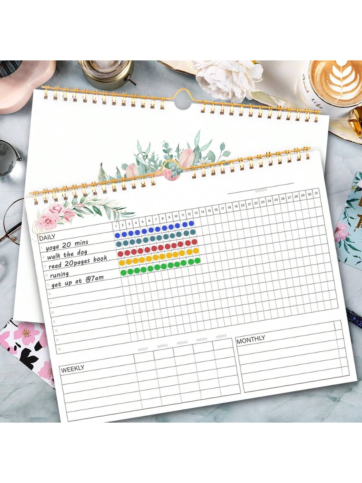 Habit Tracker Calendar Spiral Binding Habit Journal with 12 Different Plant Pages, Undated Daily Weekly Monthly Habit Tracker to Boost Productivity, 10*8 Inches, 12 Sheets