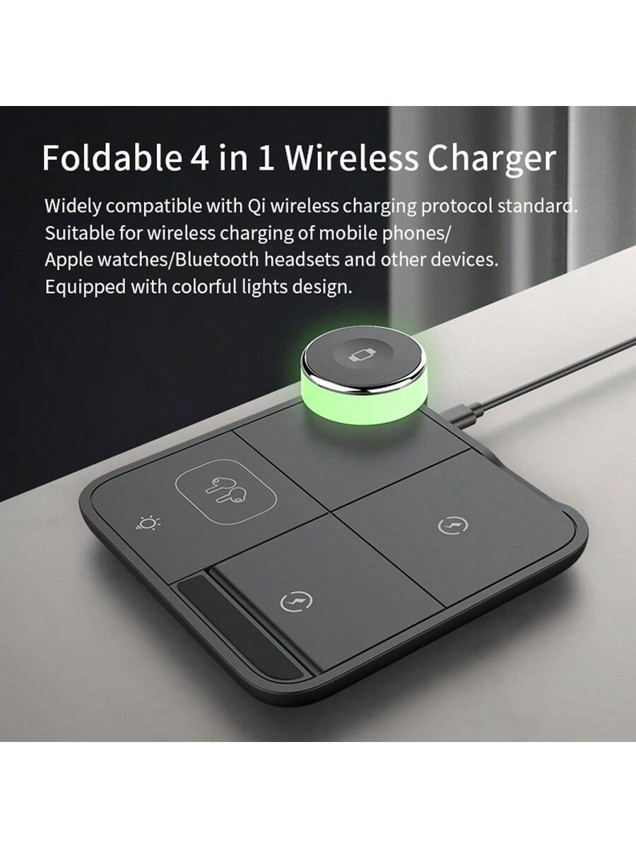 1pc Black 3-in-1 Wireless Charger (15w Fast Charge) With Foldable Multicolor Atmosphere Lamp For Mobile Phone, Smart Watch, Earphones