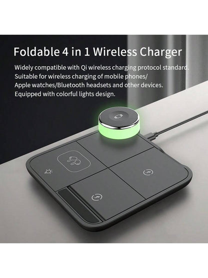 1pc Black 3-in-1 Wireless Charger (15w Fast Charge) With Foldable Multicolor Atmosphere Lamp For Mobile Phone, Smart Watch, Earphones