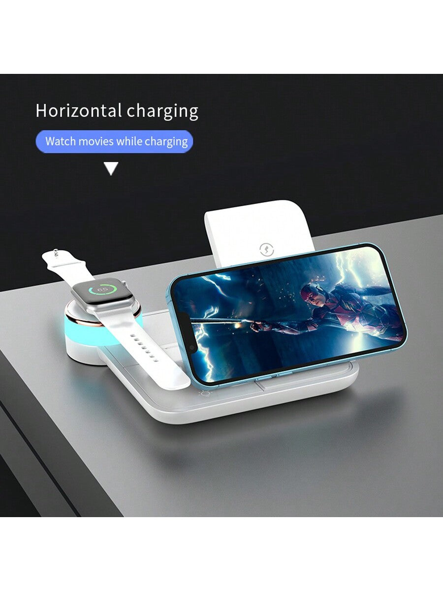 1pc White 3-in-1 Wireless Charger (15w), Foldable Colorful Ambient Light, Compatible With Phone, Smart Watch, Earbuds