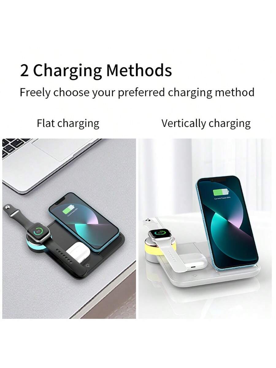 1pc White 3-in-1 Wireless Charger (15w), Foldable Colorful Ambient Light, Compatible With Phone, Smart Watch, Earbuds