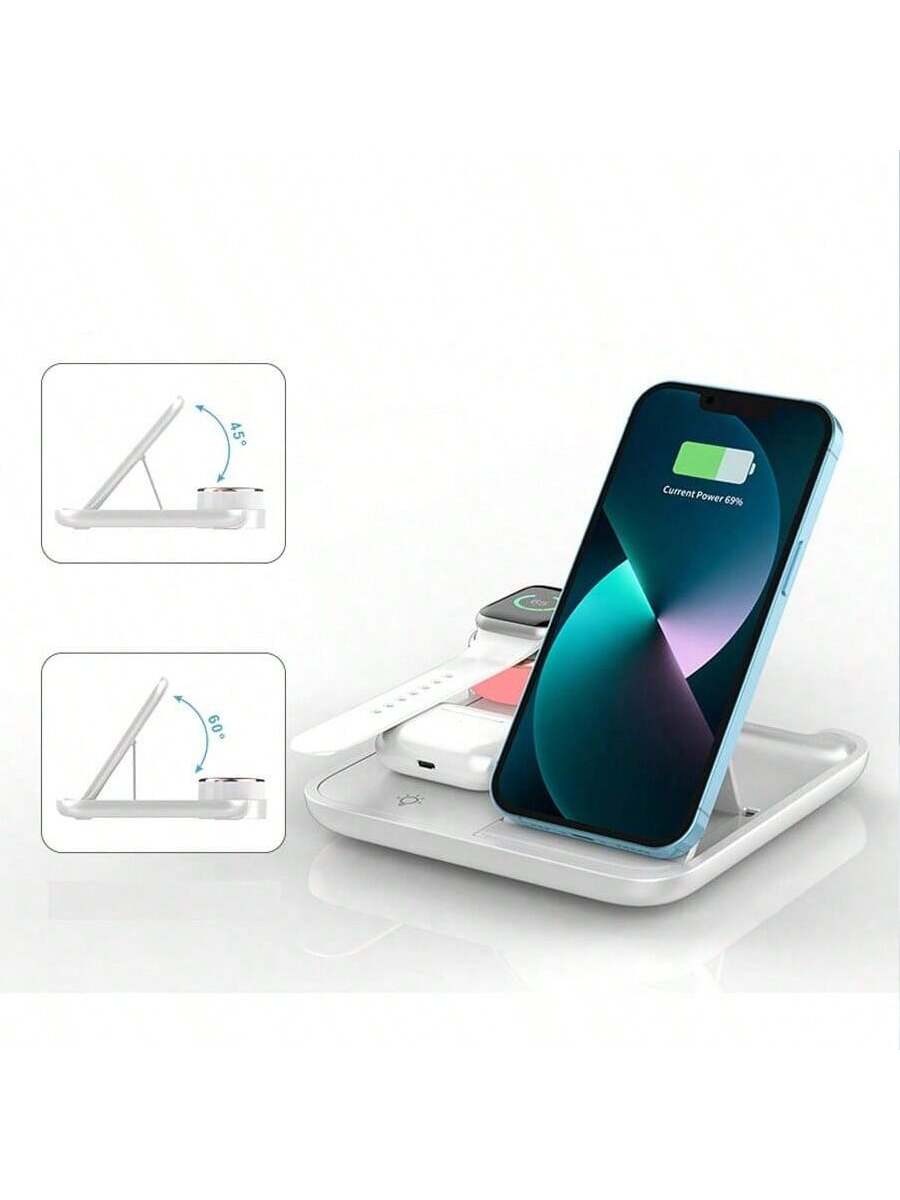 1pc White 3-in-1 Wireless Charger (15w), Foldable Colorful Ambient Light, Compatible With Phone, Smart Watch, Earbuds