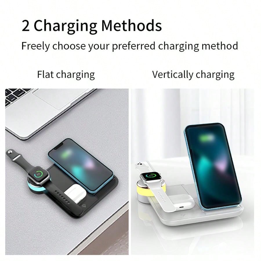 1pc White 3-in-1 Wireless Charger (15w), Foldable Colorful Ambient Light, Compatible With Phone, Smart Watch, Earbuds