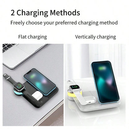 1pc White 3-in-1 Wireless Charger (15w), Foldable Colorful Ambient Light, Compatible With Phone, Smart Watch, Earbuds