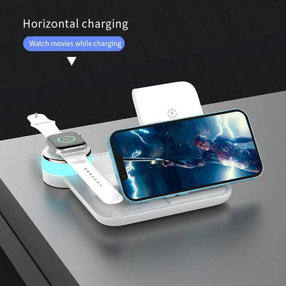 1pc White 3-in-1 Wireless Charger (15w), Foldable Colorful Ambient Light, Compatible With Phone, Smart Watch, Earbuds