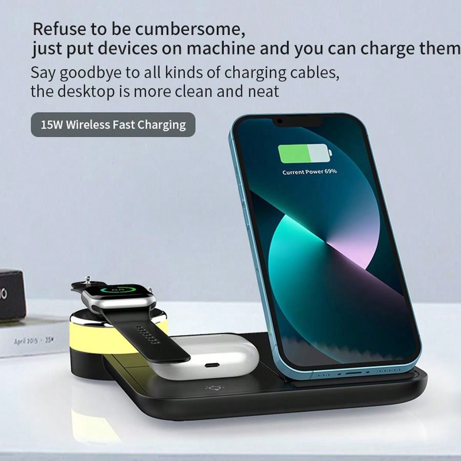 1pc Black 3-in-1 Wireless Charger (15w Fast Charge) With Foldable Multicolor Atmosphere Lamp For Mobile Phone, Smart Watch, Earphones