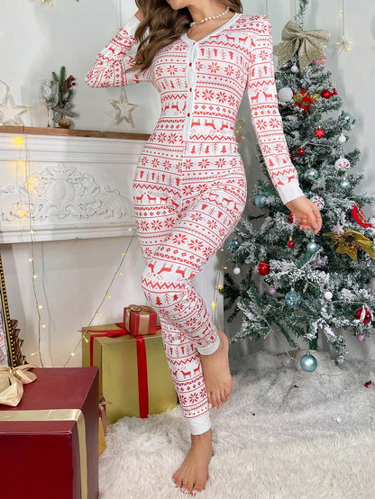 Christmas Print Button Front Sleep Jumpsuit