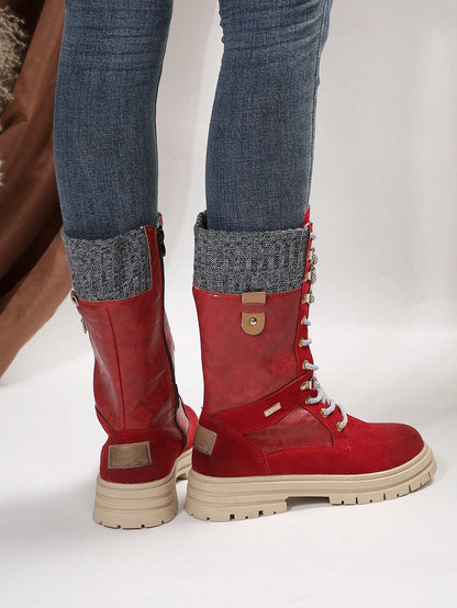 Women's Fashionable Red Winter Snow Boots, Comfortable, Anti-slip, Durable Outdoor Mid-calf Boots