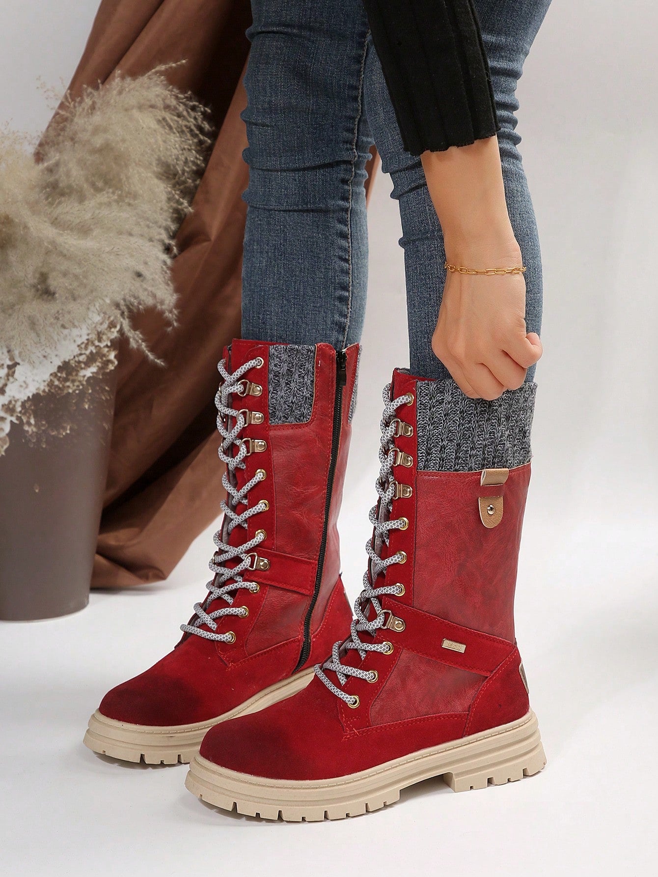 Women's Fashionable Red Winter Snow Boots, Comfortable, Anti-slip, Durable Outdoor Mid-calf Boots