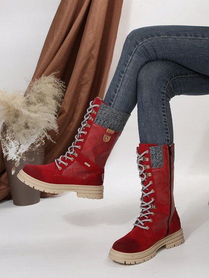 Women's Fashionable Red Winter Snow Boots, Comfortable, Anti-slip, Durable Outdoor Mid-calf Boots