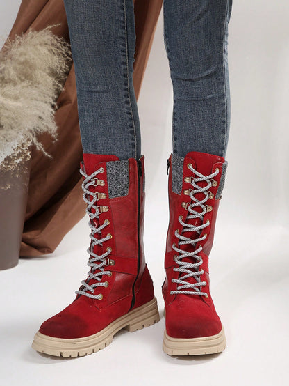 Women's Fashionable Red Winter Snow Boots, Comfortable, Anti-slip, Durable Outdoor Mid-calf Boots