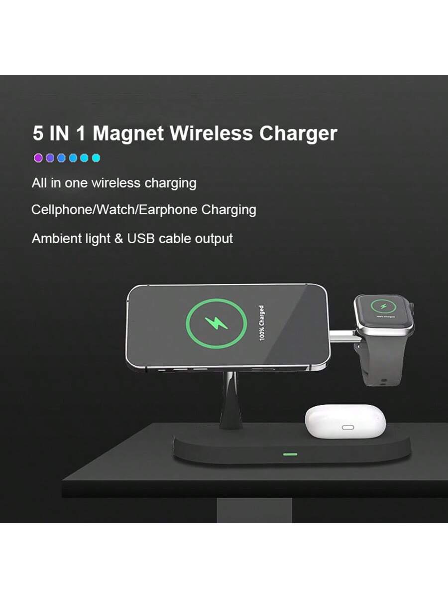 New 5-in-1 Magnetic Wireless Charger, 15w Qi-certified Wireless Charging Pad For Phone, Smart Watch And Earbuds, Fast Charging Stand For Multiple Devices