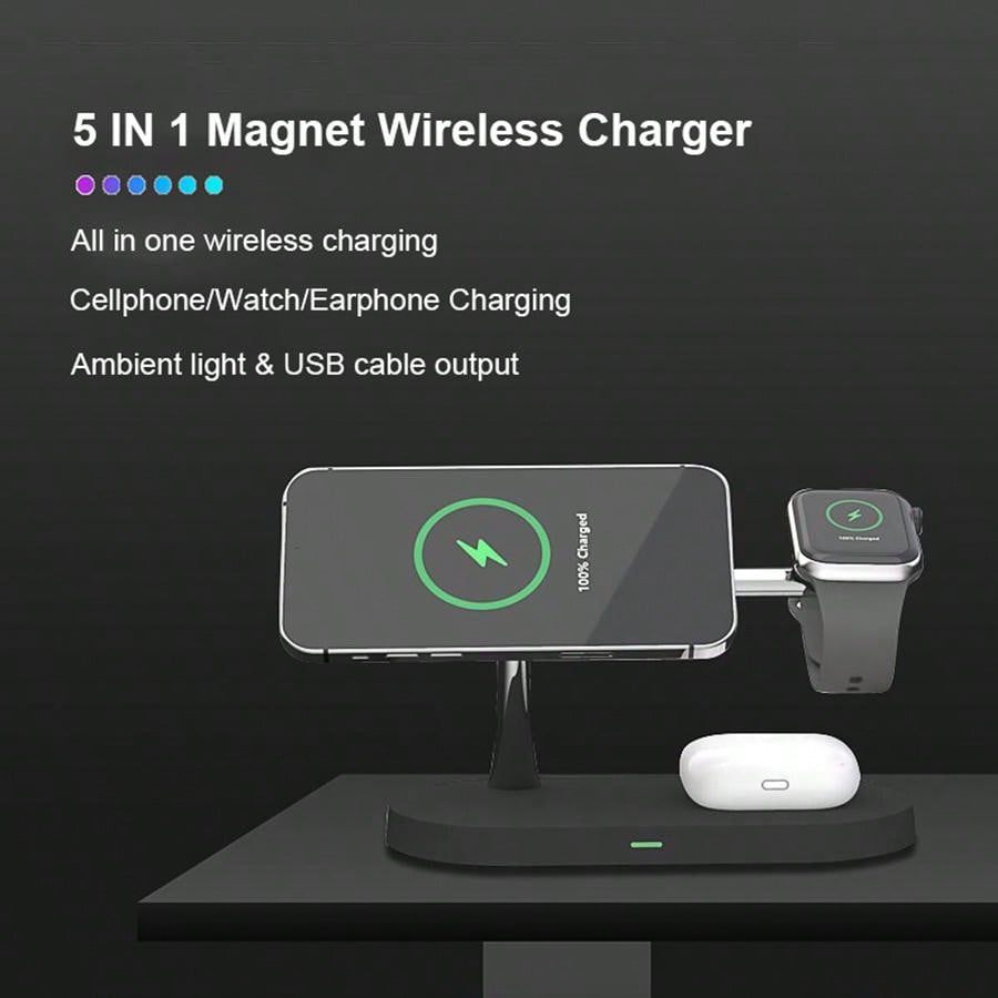 New 5-in-1 Magnetic Wireless Charger, 15w Qi-certified Wireless Charging Pad For Phone, Smart Watch And Earbuds, Fast Charging Stand For Multiple Devices