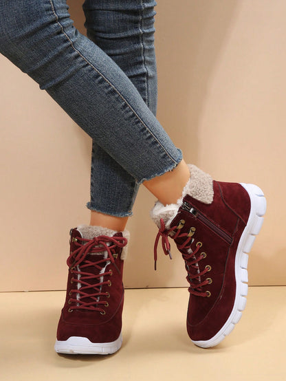 Winter New Arrival Red Lace-up Ladies' Casual Snow Boots With Comfortable Light Sole