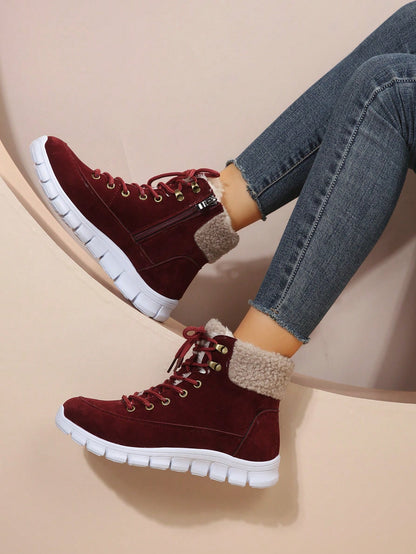 Winter New Arrival Red Lace-up Ladies' Casual Snow Boots With Comfortable Light Sole