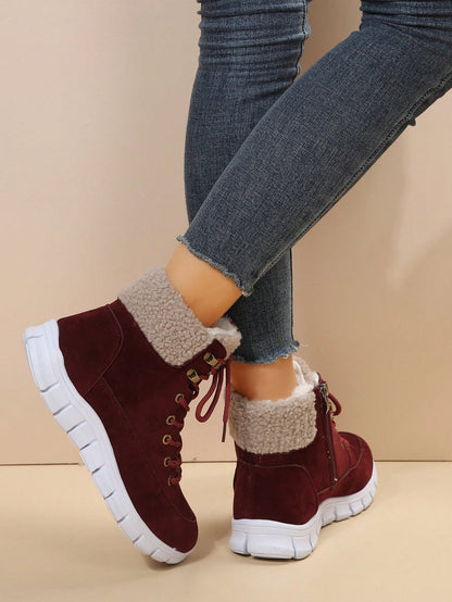 Winter New Arrival Red Lace-up Ladies' Casual Snow Boots With Comfortable Light Sole