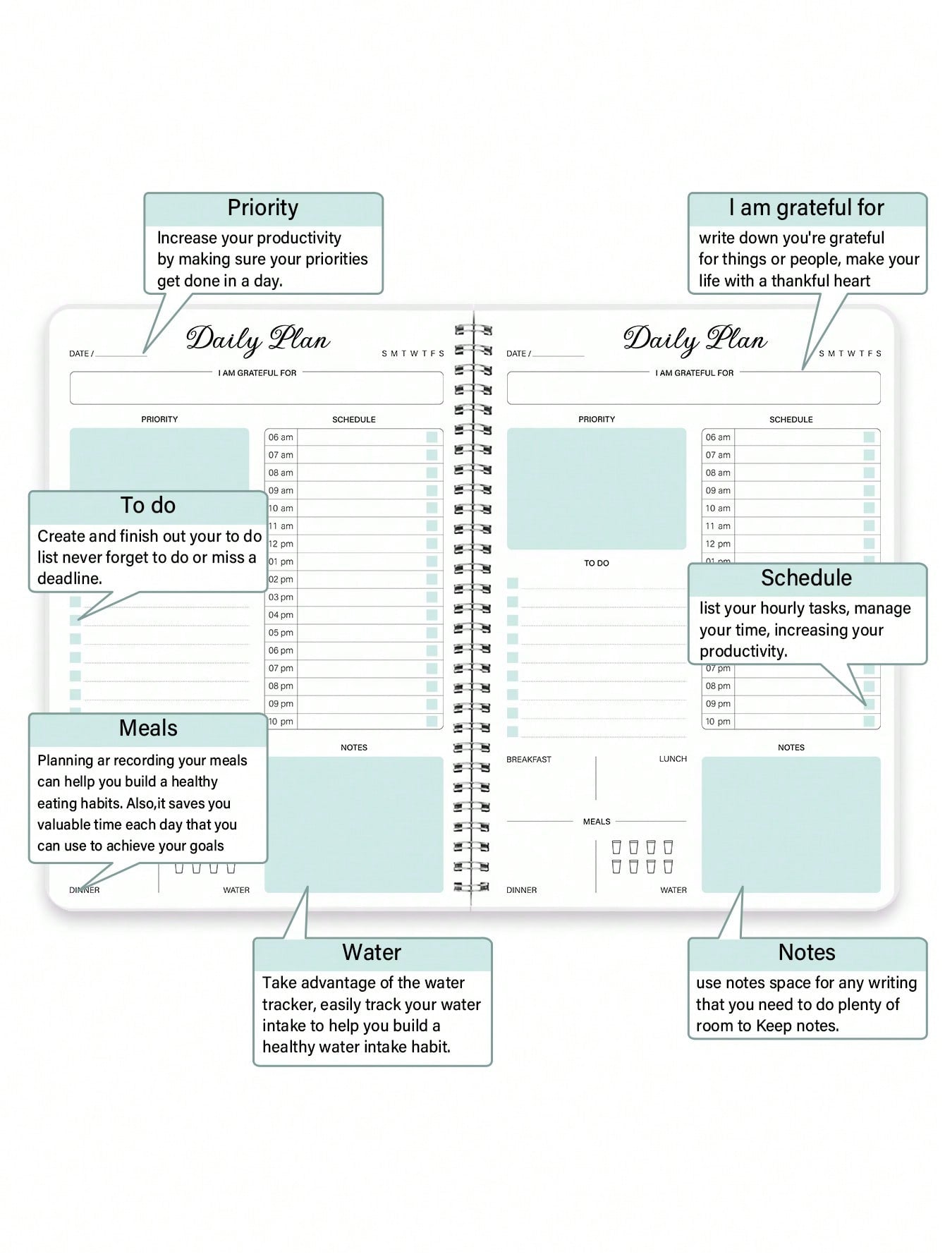 Daily Planner Undated Hourly Schedule Notebook with To-Do List, Spiral Appointment Book Organizer Agenda for Office, Home, Students to Boost Productivity