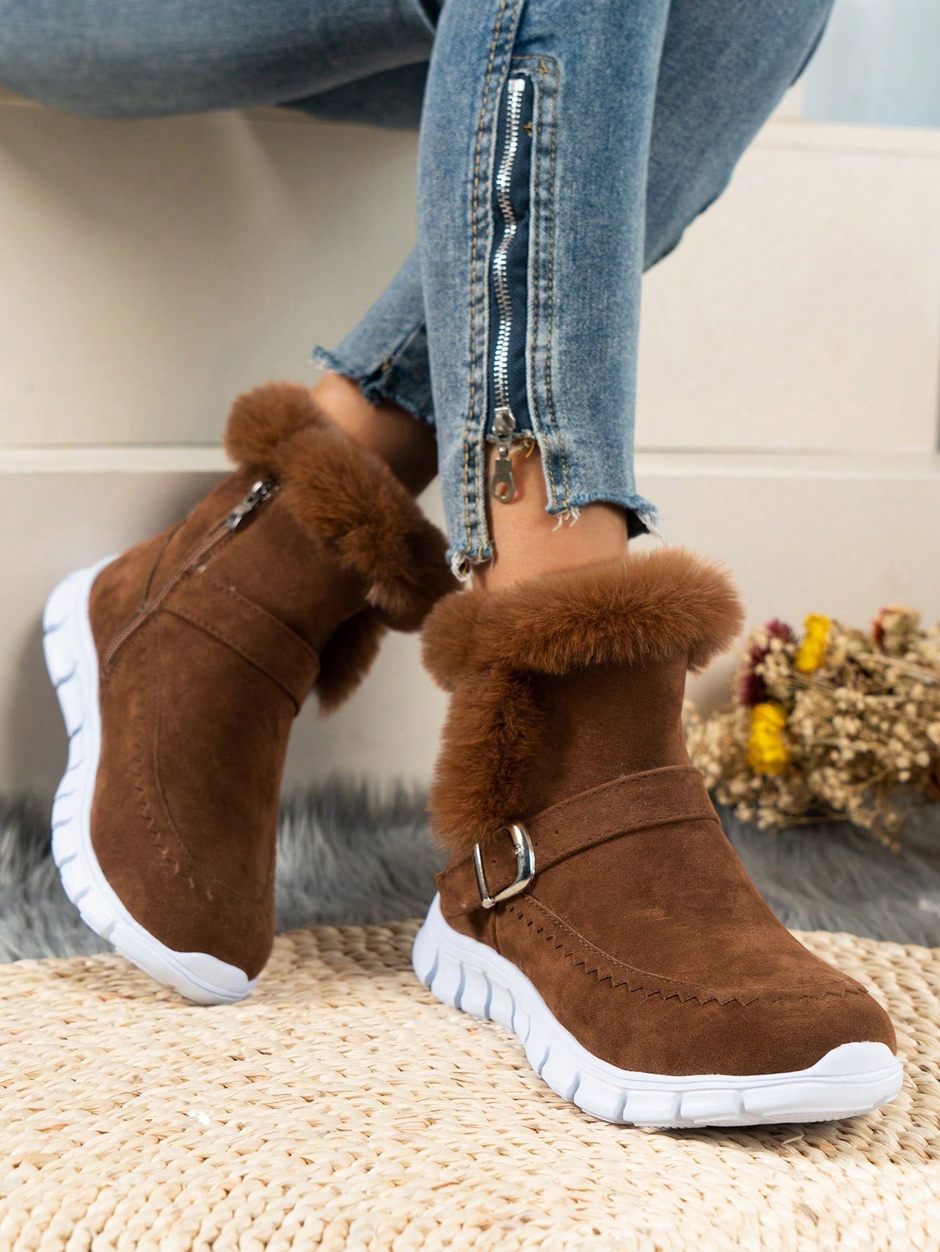 Buckle Decor Zipper Side Teddy Lined Shoes For Women, Winter Thermal Insulated Snow Boots