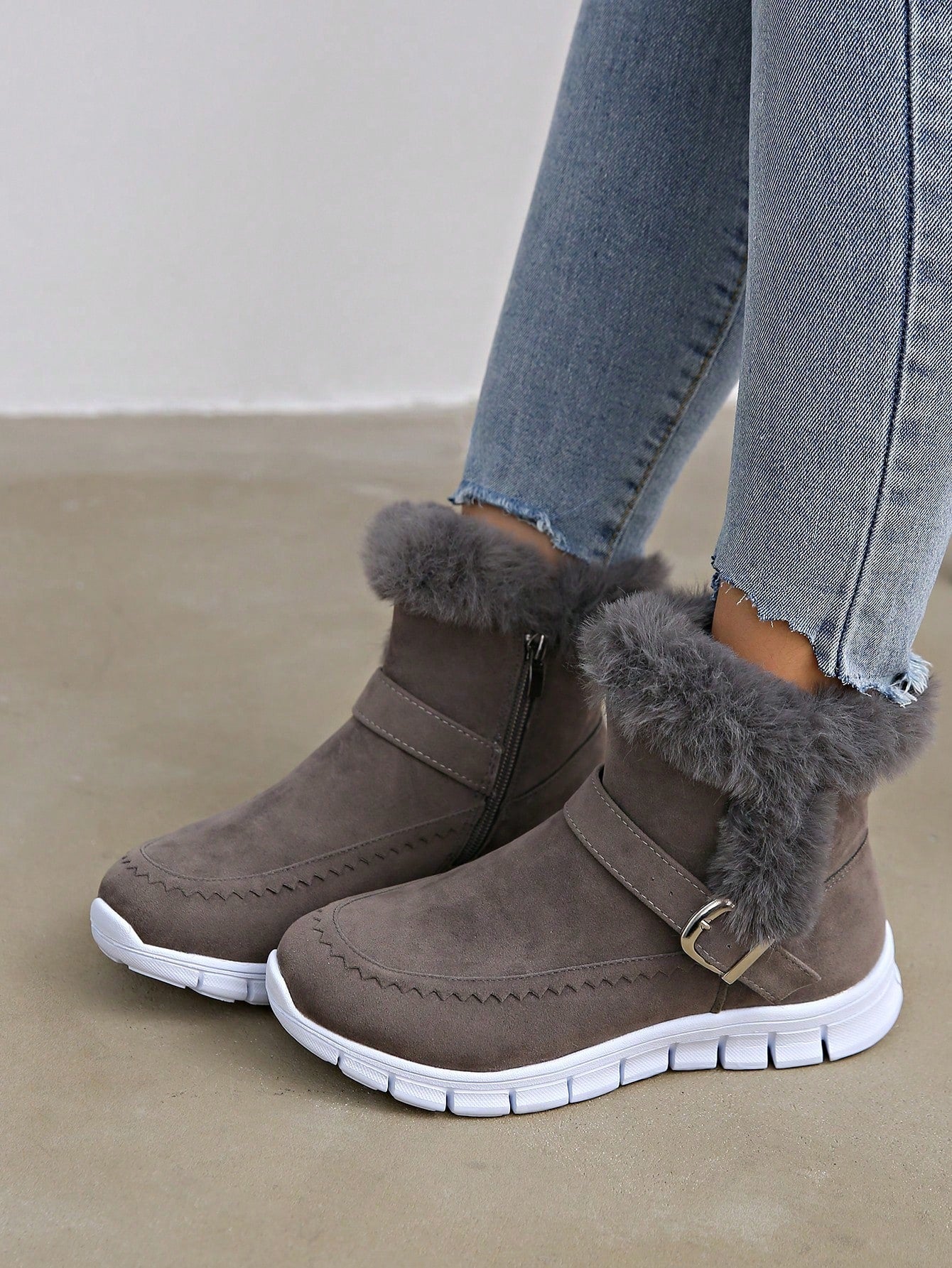 Buckle Decor Zipper Side Teddy Lined Shoes For Women, Winter Thermal Insulated Snow Boots