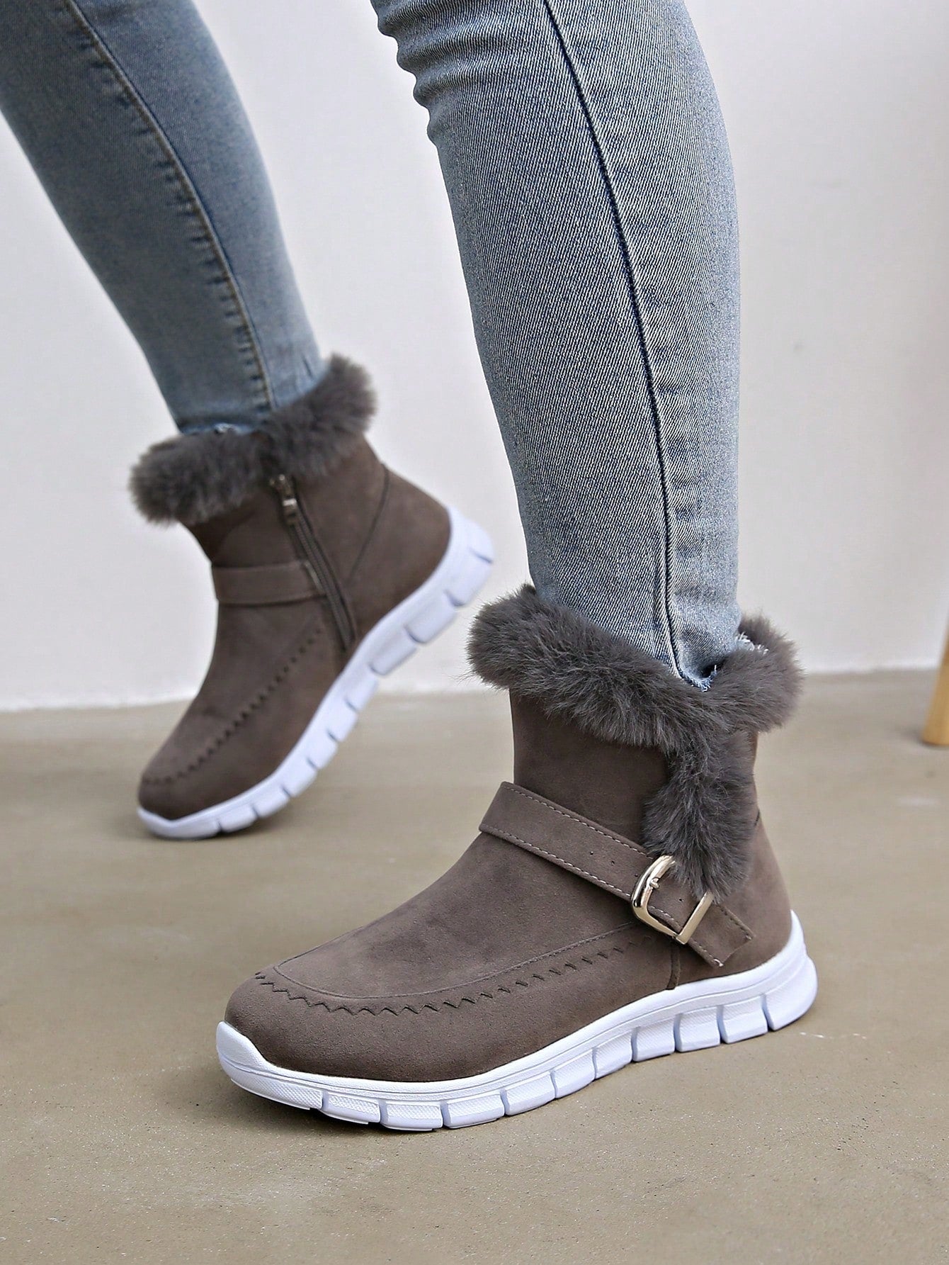 Buckle Decor Zipper Side Teddy Lined Shoes For Women, Winter Thermal Insulated Snow Boots