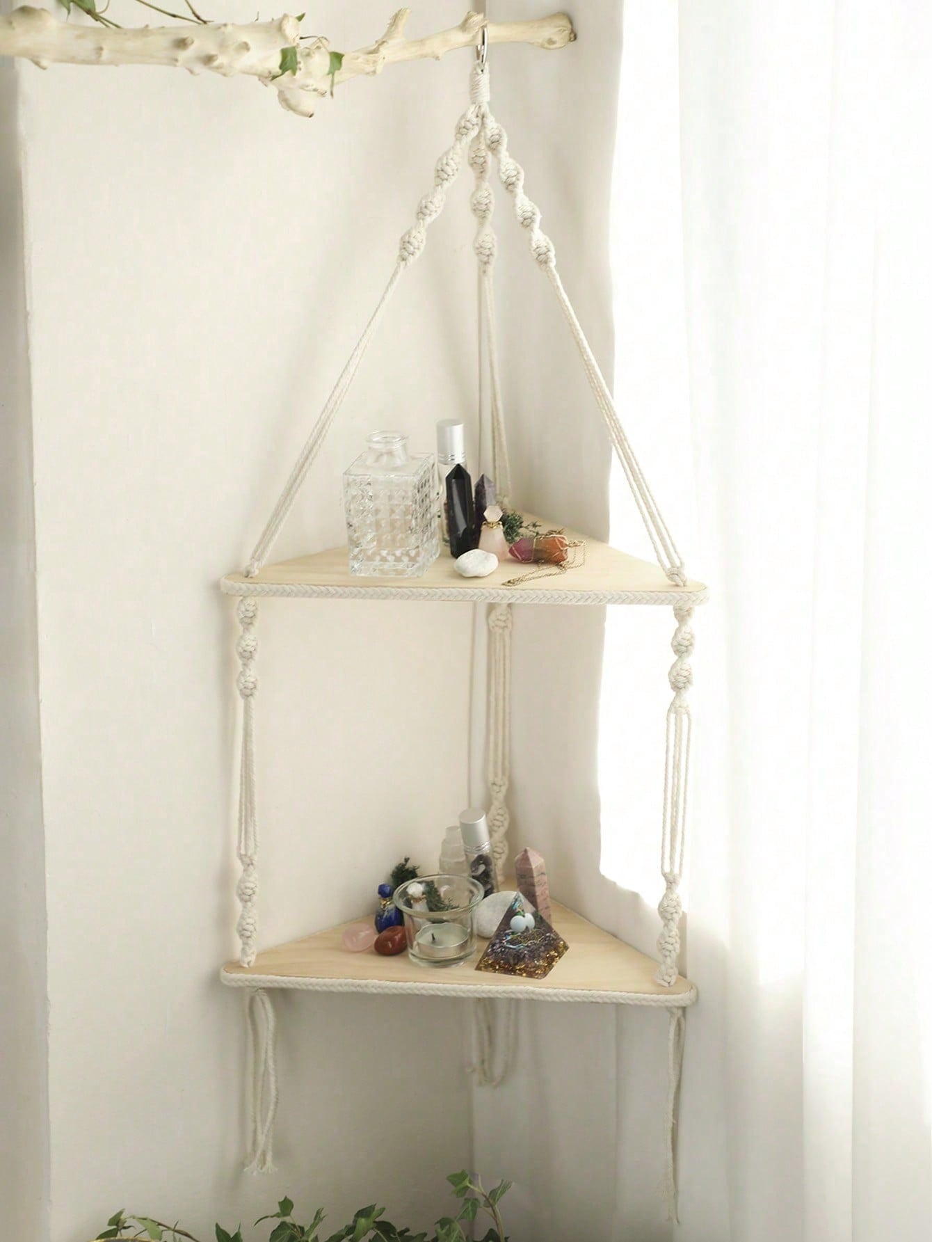 1pc Corner Boho Handmade Woven White Rope Beige Hanging Floating Shelf