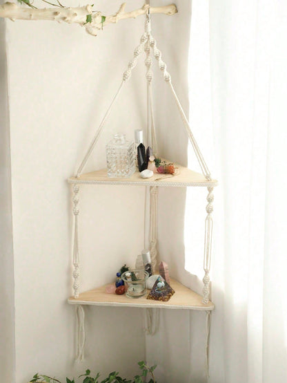 1pc Corner Boho Handmade Woven White Rope Beige Hanging Floating Shelf