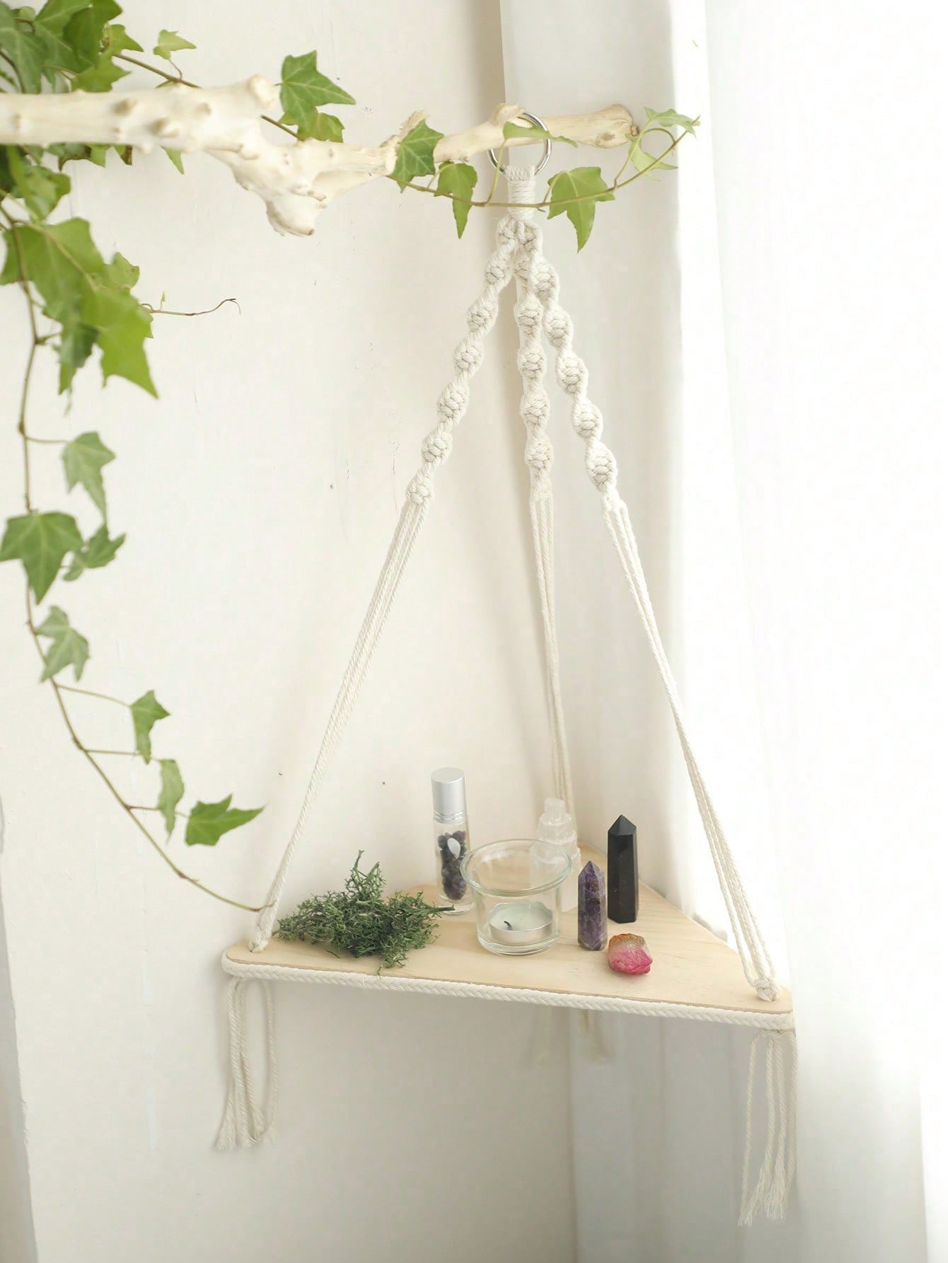 1pc Corner Boho Handmade Woven White Rope Beige Hanging Floating Shelf