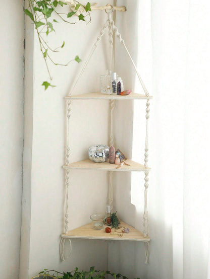 1pc Corner Boho Handmade Woven White Rope Beige Hanging Floating Shelf