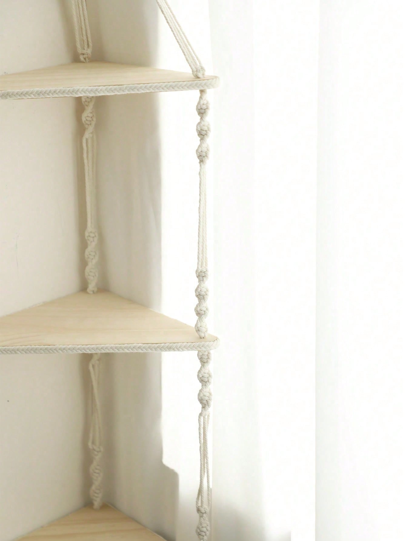 1pc Corner Boho Handmade Woven White Rope Beige Hanging Floating Shelf