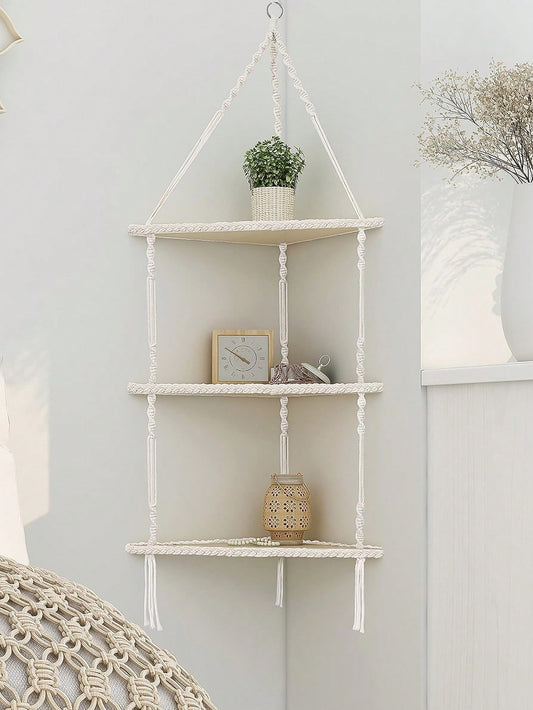 1pc Corner Boho Handmade Woven White Rope Beige Hanging Floating Shelf