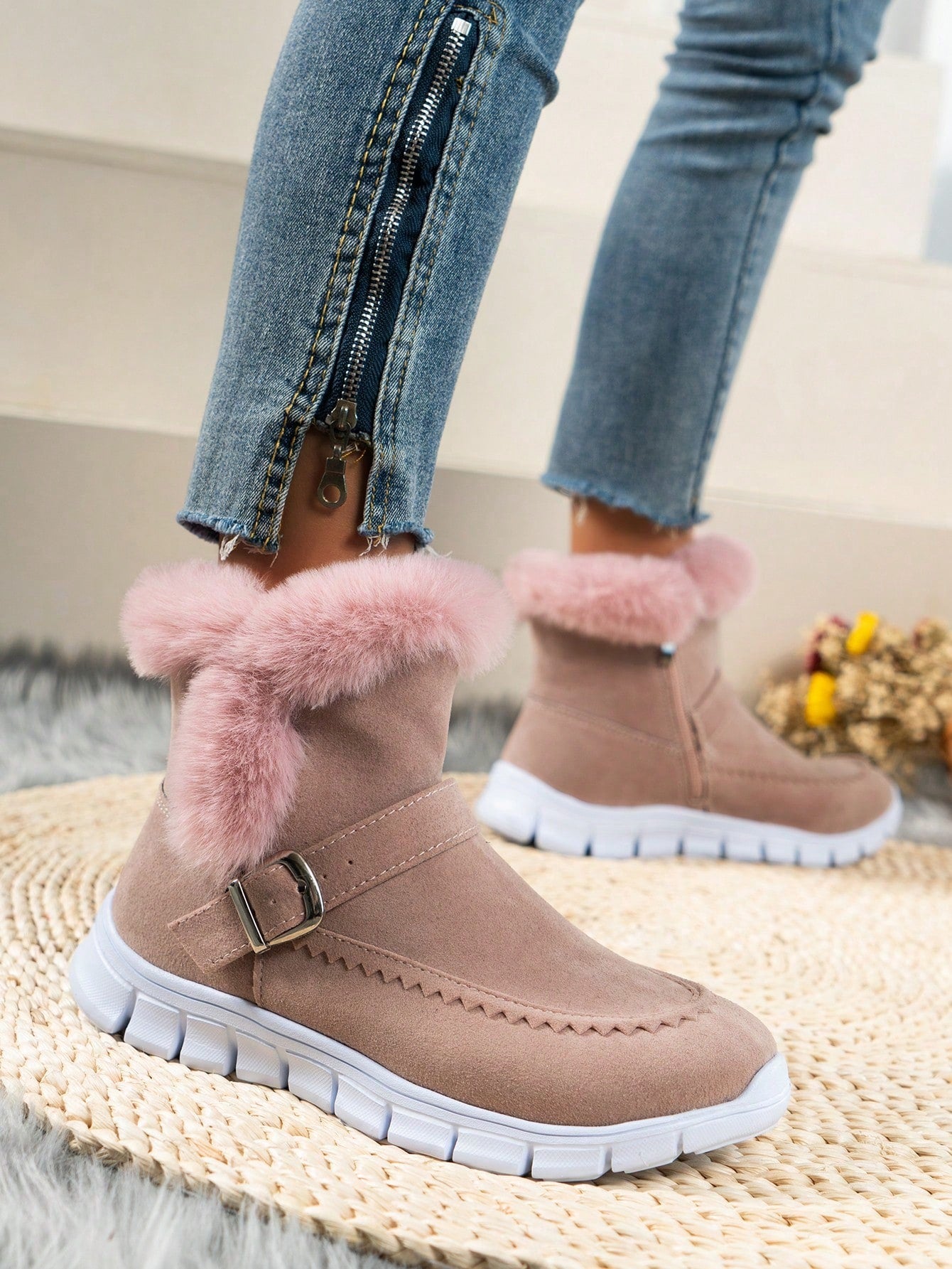 Buckle Decor Zipper Side Teddy Lined Shoes For Women, Winter Thermal Insulated Snow Boots