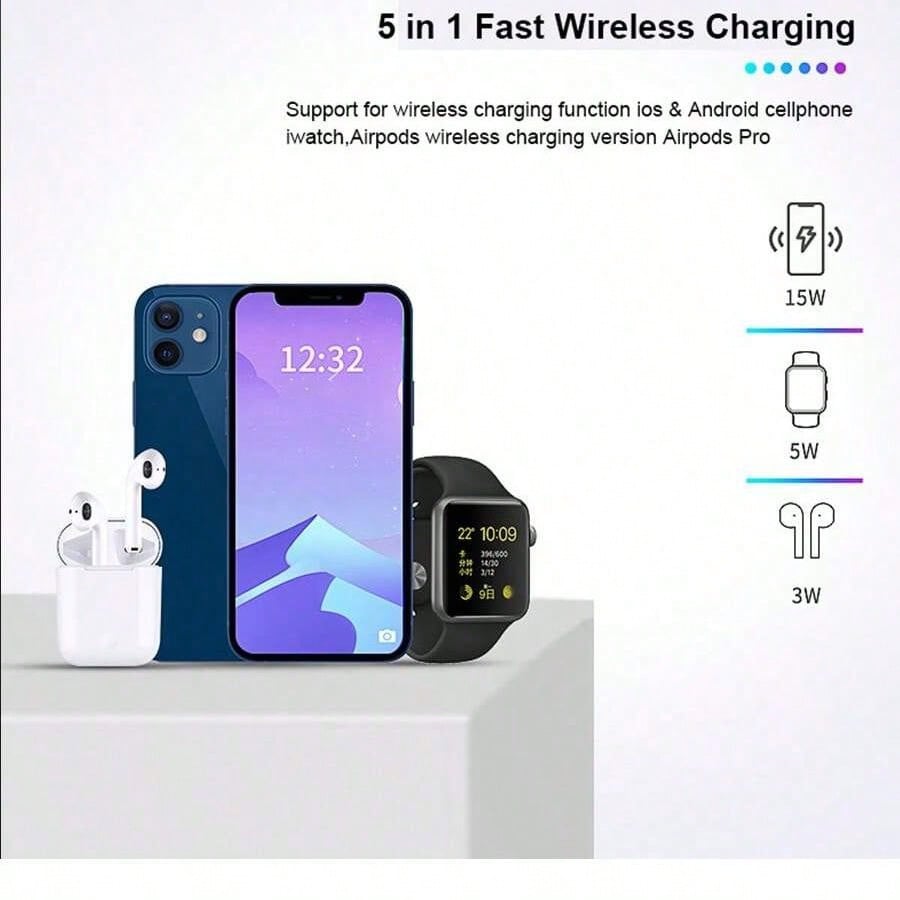 New 5-in-1 Magnetic Wireless Charger, 15w Qi-certified Wireless Charging Pad For Phone, Smart Watch And Earbuds, Fast Charging Stand For Multiple Devices