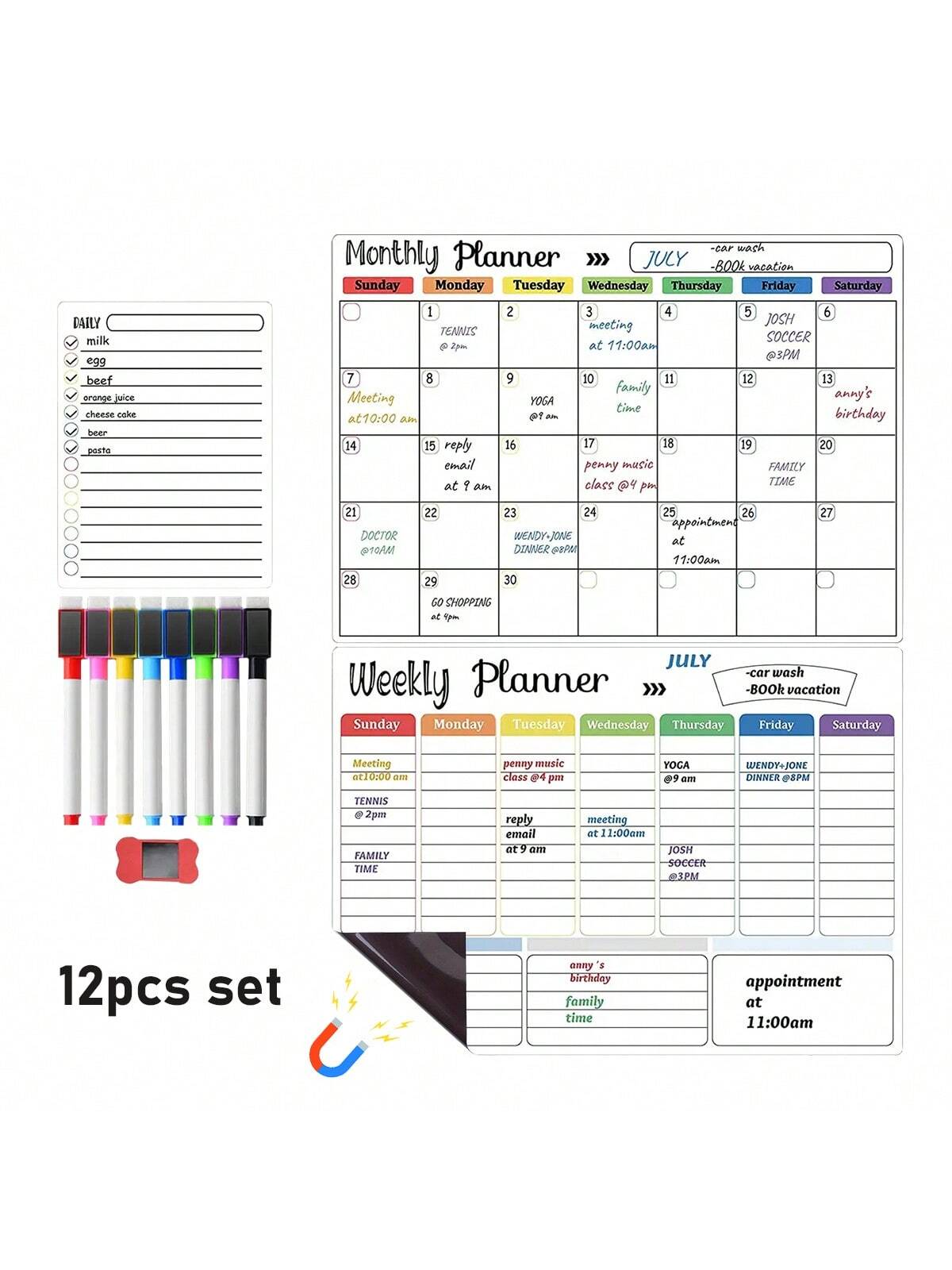 12pcs 16.5'' X 11.8'' Magnetic Dry Erase Calendar Family Weekly Monthly Planner For Refrigerator